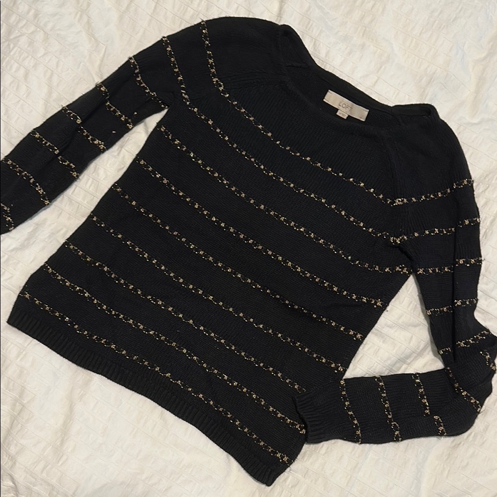 LOFT Black and Gold Crew Neck Sweater with Stylish Stripes